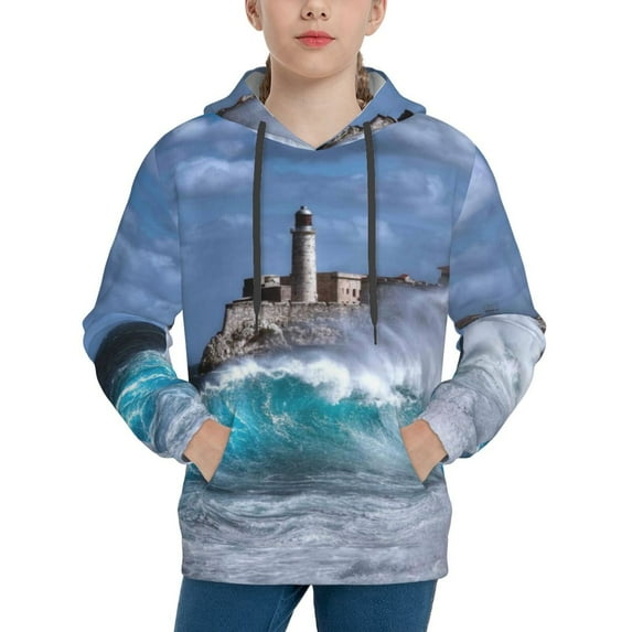 Kll Unisex Kids Boys Girls Hooded Pocket Pullover Hoodies-Lighthouse In Havana