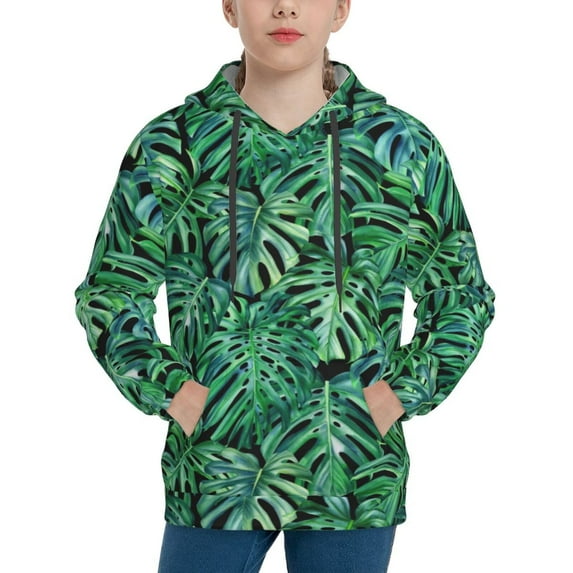 Kll Unisex Kids Boys Girls Hooded Pocket Pullover Hoodies-Monstera Leaves