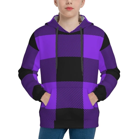 Kll Unisex Kids Boys Girls Hooded Pocket Pullover Hoodies-Purple Buffalo Plaid