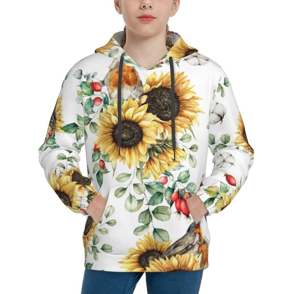 Kll Unisex Kids Boys Girls Hooded Pocket Pullover Hoodies-Sunflowers Leaves And Birds