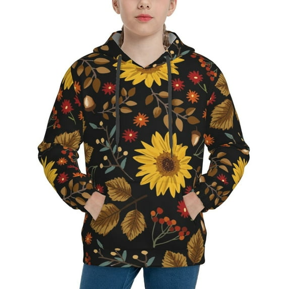 Kll Unisex Kids Boys Girls Hooded Pocket Pullover Hoodies-Sunflowers Leaves