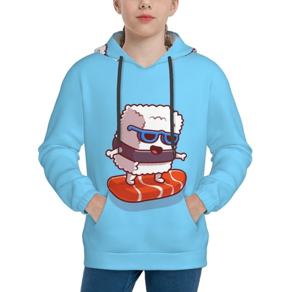 Kll Unisex Kids Boys Girls Hooded Pocket Pullover Hoodies-Sushi Salmon Surfing