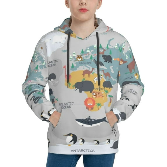 Kll Unisex Kids Boys Girls Hooded Pocket Pullover Hoodies-The World Map With Cartoon Animals