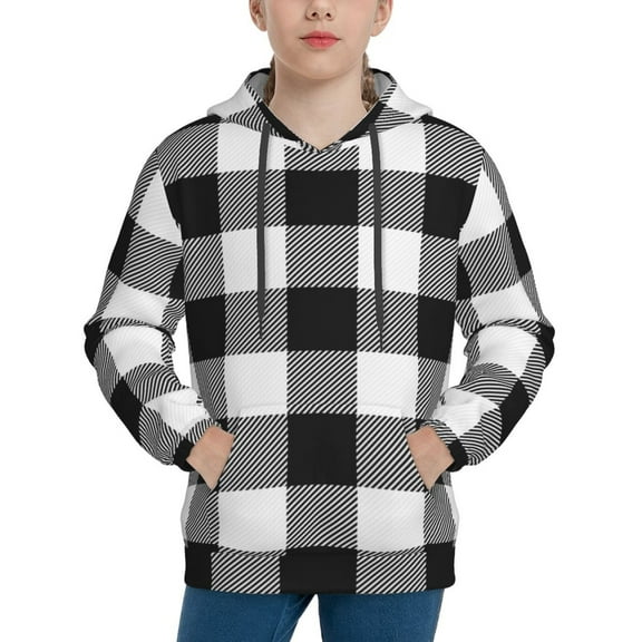 Kll Unisex Kids Boys Girls Hooded Pocket Pullover Hoodies-White And Black Plaid Pattern