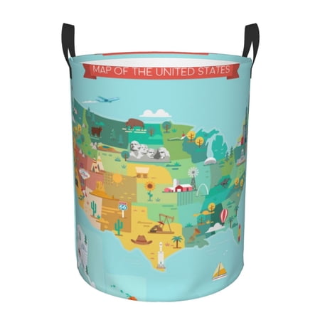 Kll Usa Tourist Map With Famous Landmarks Waterproof Foldable Laundry Hamper Bucket With Handles For Storage Bin,Kids Room,Home Organizer (Small)