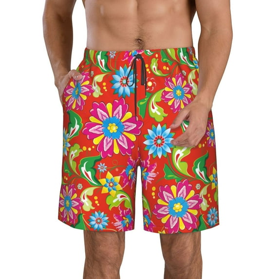 Kll Vector Mexican Otomi Style Bright Men'S Casual Summer Beach Shorts Hawaiian Shorts With Pockets-Small
