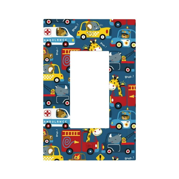 Kll Vehicles Cartoon With Funny Drivers Wall Plate,Gloss Finish,Standard Size 1 - 5" X 3", Polycarbonate Thermoplastic,Electric Receptacle Plug Covers