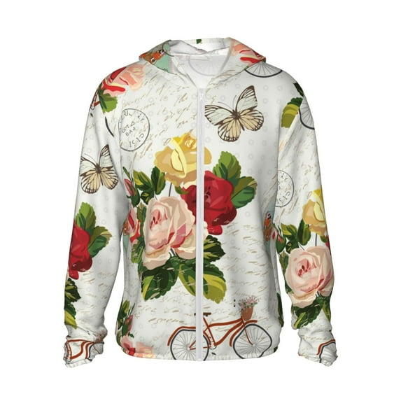 Kll Vintage Bike Flower Butterfly Print Men'S Women’s Upf 50+ Sun Protection Outdoor Hoodie Jacket Long Sleeve Fishing Hiking Performance Shirt- X-Large