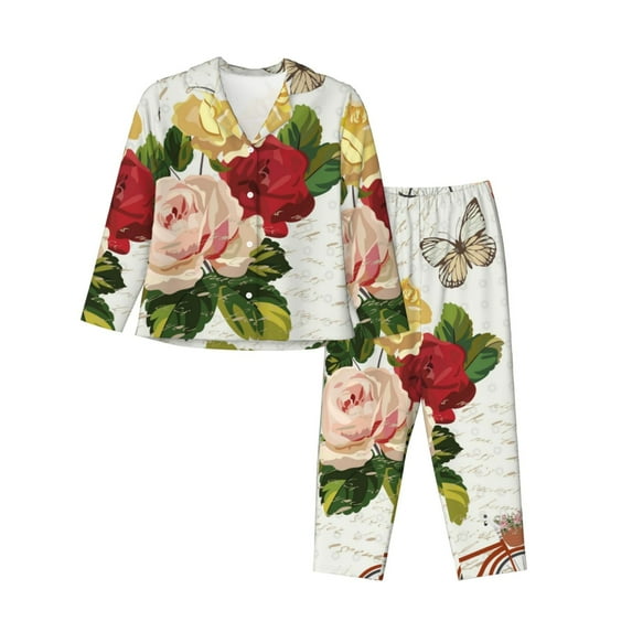 Kll Vintage Bike Flower Butterfly Print Women'S Long Sleeve Pajamas With Pants Sleepwear Loungewear 2 Set-Small