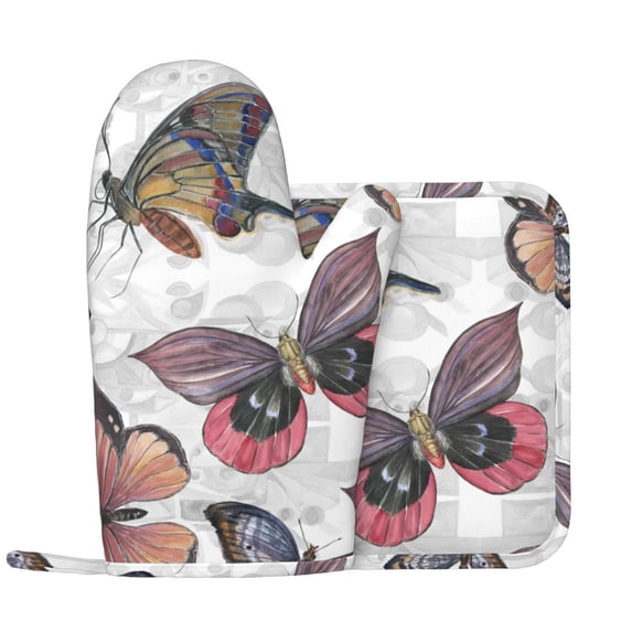 Kll Vintage Butterflies Oven Gloves And Pot Holders Grill Gloves - Oven Gloves And Pot Holders, Non-Slip Cooking Gloves With Recycled Pads