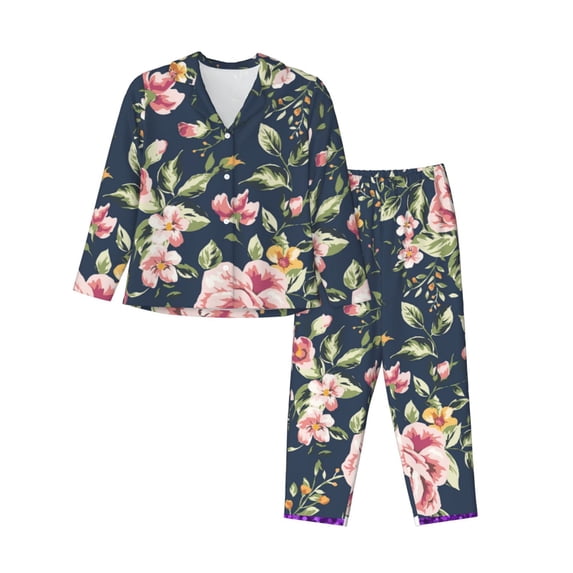Kll Vintage Floral Print Women'S Long Sleeve Pajamas With Pants Sleepwear Loungewear 2 Set-Large