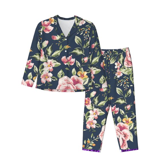 Kll Vintage Floral Print Women'S Long Sleeve Pajamas With Pants Sleepwear Loungewear 2 Set-Small