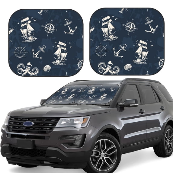 Kll Vintage Marine Windshield Sun Shade 2-Piece Foldable Car Front Window Sunshade For Most Sedans Suv Truck- Small