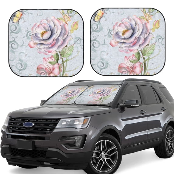 Kll Vintage Rose Windshield Sun Shade 2-Piece Foldable Car Front Window Sunshade For Most Sedans Suv Truck - Auto Sun Blocker Visor Protector Blocks Max Uv Rays - Medium