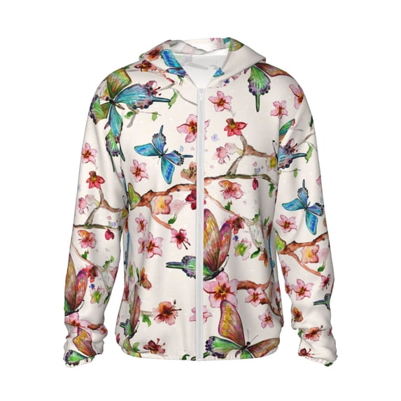 Kll Watercolor Floral With Butterflies Print Men'S Women’s Upf 50+ Sun Protection Outdoor Hoodie Jacket Long Sleeve Fishing Hiking Performance Shirt- X-Large