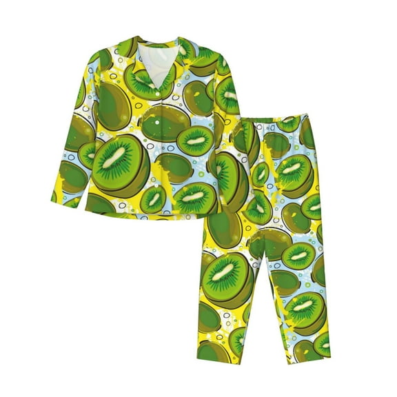 Kll Watercolor Kiwi Fruits Summer Print Women'S Long Sleeve Pajamas With Pants Sleepwear Loungewear 2 Set-Small