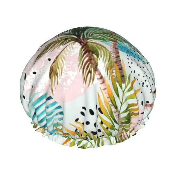 Kll Watercolor Palm Tree Pattern Shower Cap & Bath Cap For Women,Reversible Oversized Waterproof Shower Caps For All Hair Lengths,Elastic Reusable Bathing Hair Cap