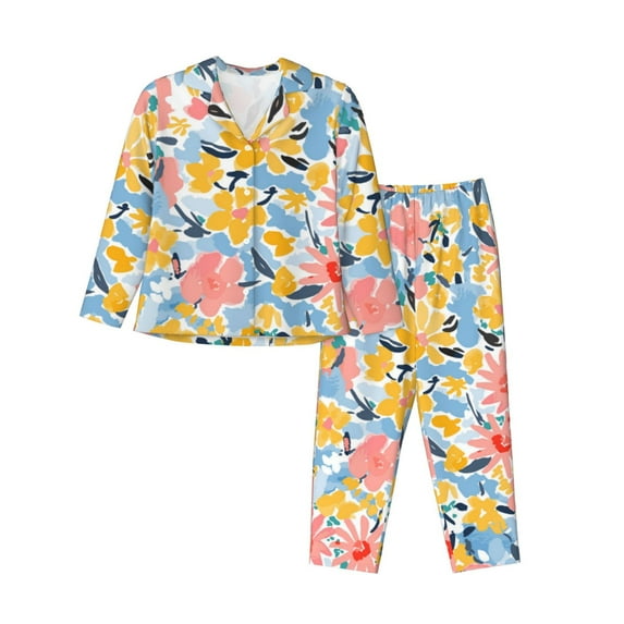 Kll Watercolor Wildflowers Print Women'S Long Sleeve Pajamas With Pants Sleepwear Loungewear 2 Set-Medium