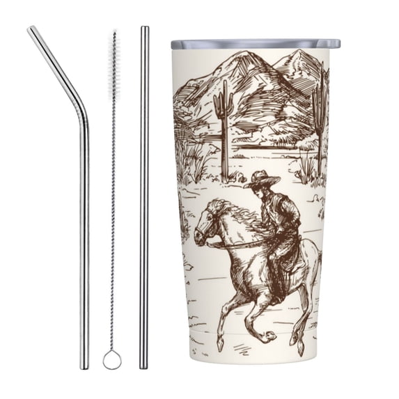 Kll Western Desert Cowboys3 Stainless Stainless Steel Vacuum Insulated Coffee Cup 20 Oz Lids And Straws,1 Metal Straws,1 Cleaning Brush