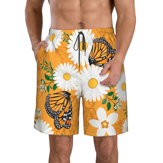 Kll White Floral And Butterflies Men'S Casual Summer Beach Shorts Hawaiian Shorts With Pockets-Xx-Large