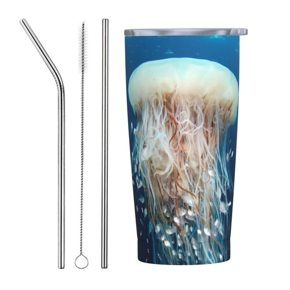 Kll White Jellyfish Dansing In The Ocean Stainless Stainless Steel Vacuum Insulated Coffee Cup 20 Oz Lids And Straws,1 Metal Straws,1 Cleaning Brush