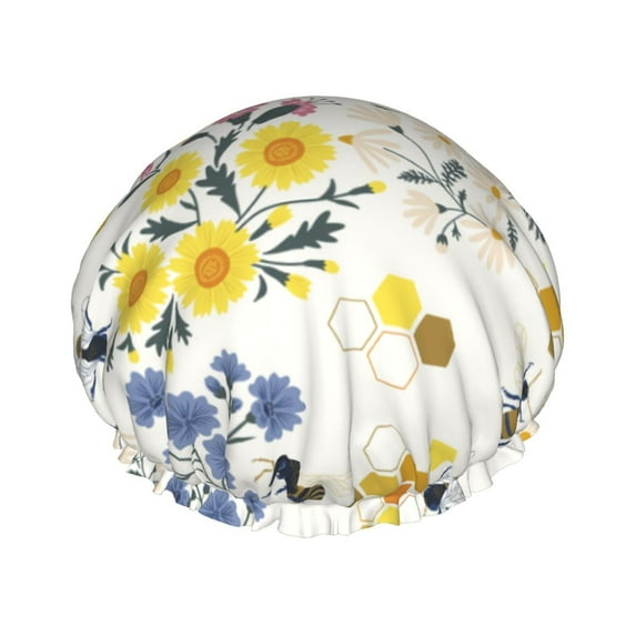 Kll Wildflower Honeybee Pattern Shower Cap & Bath Cap For Women,Reversible Oversized Waterproof Shower Caps For All Hair Lengths,Elastic Reusable Bathing Hair Cap