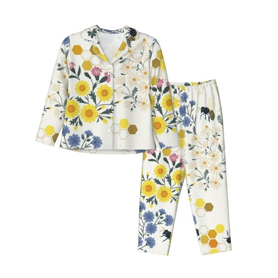 Kll Wildflower Honeybee Print Women'S Long Sleeve Pajamas With Pants Sleepwear Loungewear 2 Set-X-Large