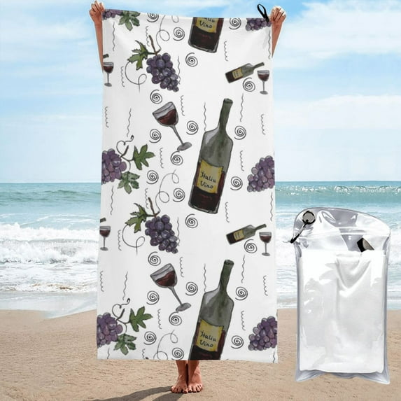 Kll Wine Bottles And Grapes Microfiber Beach Towel Fast Drying,Extra Large 31.5"X63" Sand Free Beach Towel Super Lightweight Towels