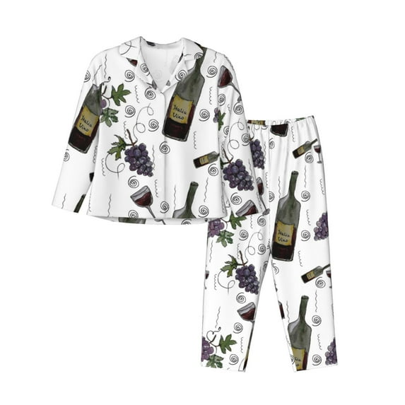 Kll Wine Bottles And Grapes Print Women'S Long Sleeve Pajamas With Pants Sleepwear Loungewear 2 Set-X-Large