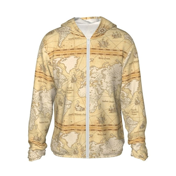 Kll World Map Print Men'S Women’s Upf 50+ Sun Protection Outdoor Hoodie Jacket Long Sleeve Fishing Hiking Performance Shirt- X-Large