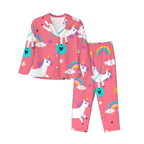 Kll Yoga Unicorn Print Women'S Long Sleeve Pajamas With Pants Sleepwear Loungewear 2 Set-Small