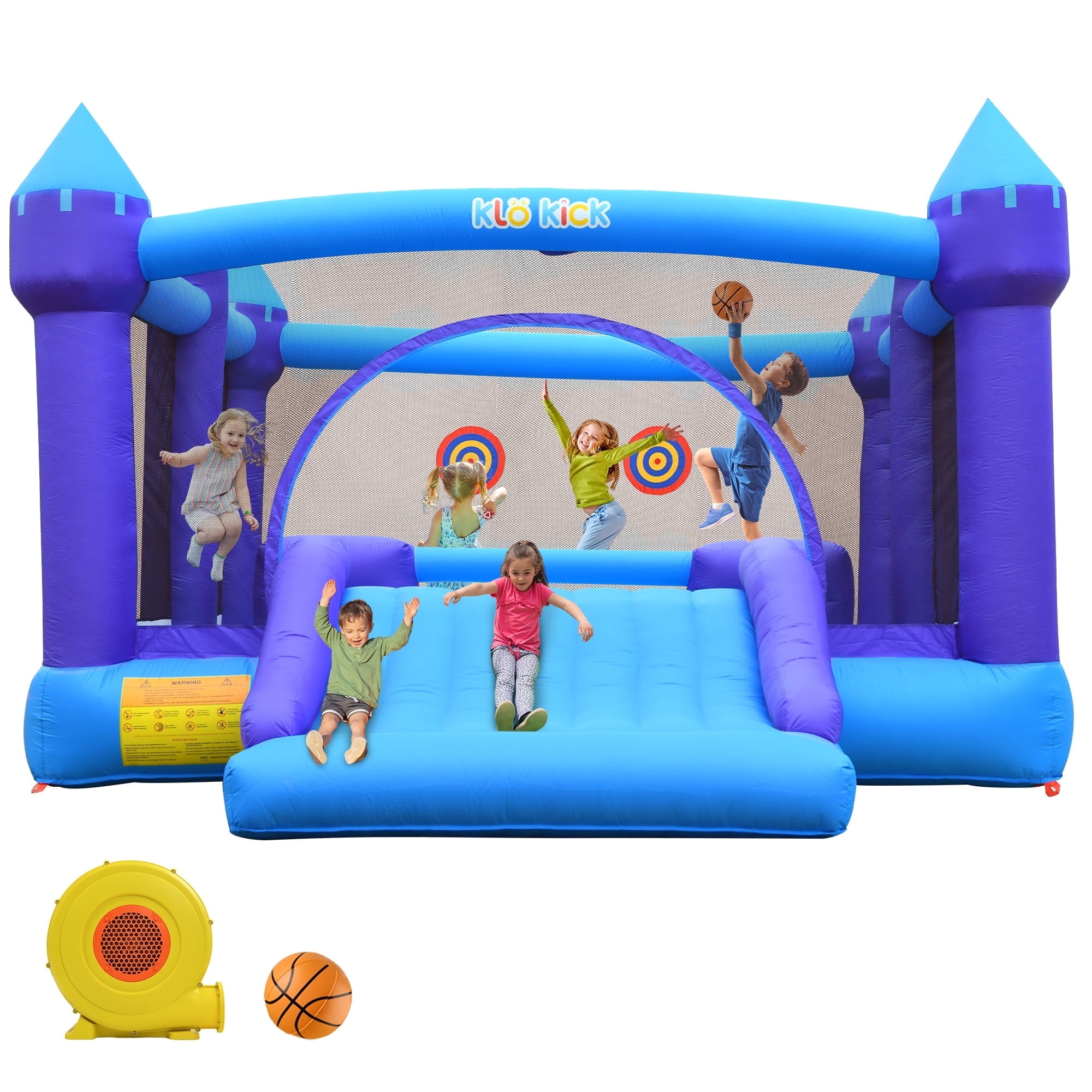 KloKick 15x12 FT Inflatable Bounce House with Slide & Blower, Large Bouncy Castle for 3–10 Year Old Kids, Outdoor Playhouse with Basketball Hoop & Safety Net, Blue