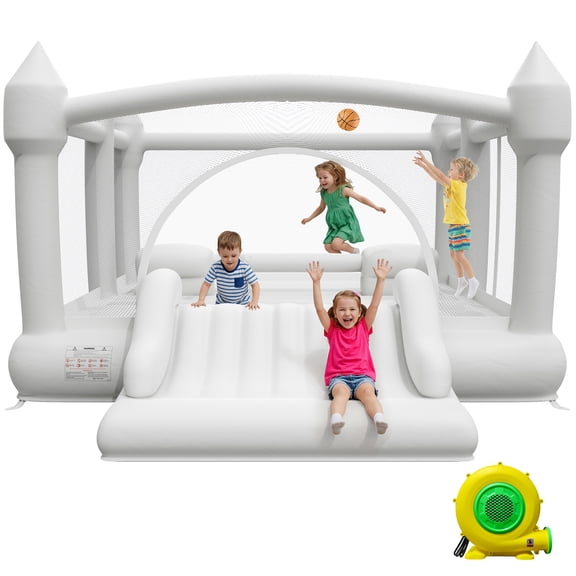 KloKick 15x12 FT Inflatable Bounce House with Slide & Blower, Large Bouncy Castle for 3–10 Year Old Kids, Outdoor Playhouse with Basketball Hoop & Safety Net, White