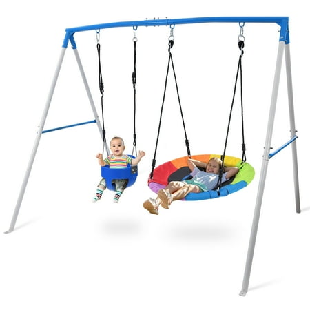 KloKick 2 Seat Metal Swing Sets, 440lbs Heavy Duty Frame with Saucer Swing and 1 Toddler Swing for Outdoor Backyard
