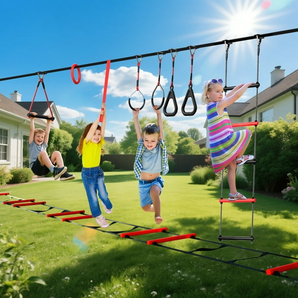 KloKick 50Ft Ninja Warrior Obstacle Course  Monkey Bars, Rope Ladder, Swing & More for Kids Ages 5-12