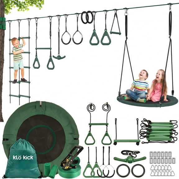 KloKick 65ft Ninja Warrior Obstacle Course for Kids Outdoor Backyard Set with Swing, Ninja Rope, 11 Obstacles, Slackline, Jungle Gym for Tree Installation (Green)