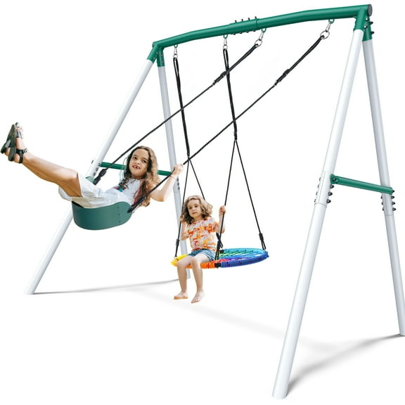 KloKick 7.5ft Heavy Duty Swing Set for Backyard, 500lbs Capacity Outdoor Metal Swing Set for Kids & Adults with Spider Swing and Belt Swing (Rainbow)