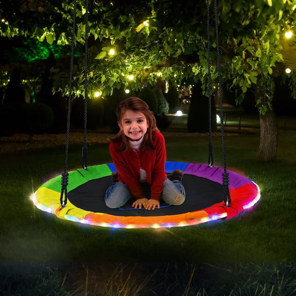 KloKick 700lbs 40" Saucer Tree Swing for Kids & Adults – Durable Outdoor Swing with LED Lights, 2 Tree Hanging Straps. Rainbow