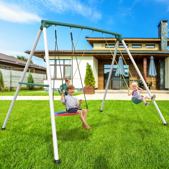 KloKick 9.5' Heavy Duty Swing Set for Kids & Adults – Includes Saucer Swing & 2 Belt Swings, Outdoor Playground Equipment for Backyard Fun