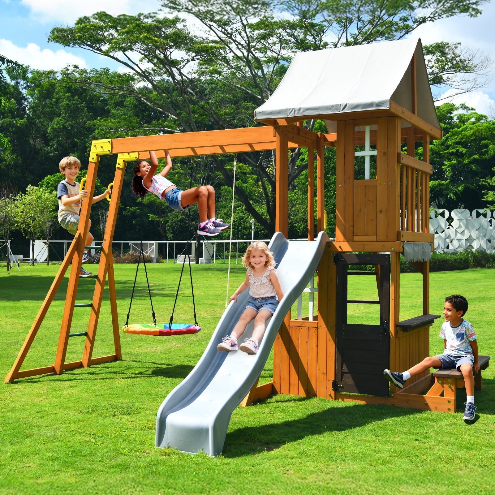 Walmart Black Friday Deals 2025 - KloKick Cedar Wooden Swing Set with 8' Wave Slide, Metal Monkey Bar, Clubhouse, Playhouse, and Snack Bar Window