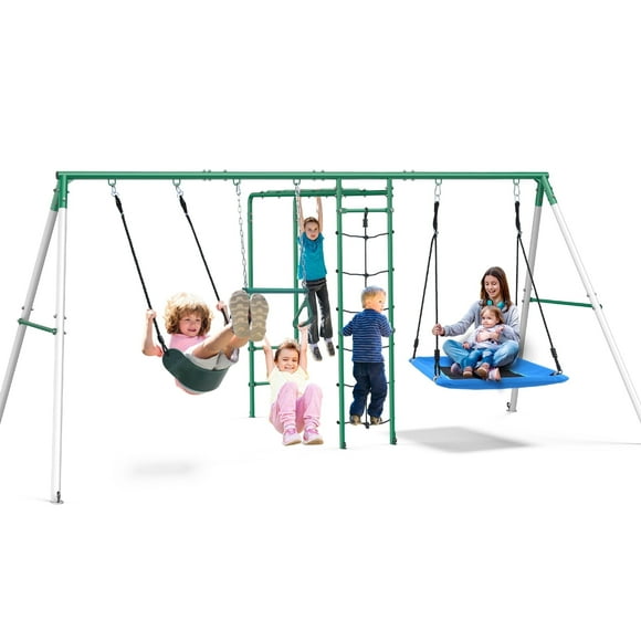 KloKick Heavy-Duty Metal Swing Set for Backyard, Outdoor Playset with Monkey Bars, Belt Swing, Platform Swing, Climbing Net, Trapeze Bar, for Kids 3-12