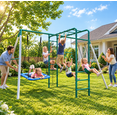 thumbnail image 1 of KloKick Heavy-Duty Metal Swing Set for Backyard, Outdoor Playset with Monkey Bars, Belt Swing, Platform Swing, Climbing Net, Trapeze Bar, for Kids 3-12, 1 of 13