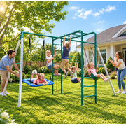 KloKick Heavy-Duty Metal Swing Set for Backyard, Outdoor Playset with Monkey Bars, Belt Swing, Platform Swing, Climbing Net, Trapeze Bar, for Kids 3-12
