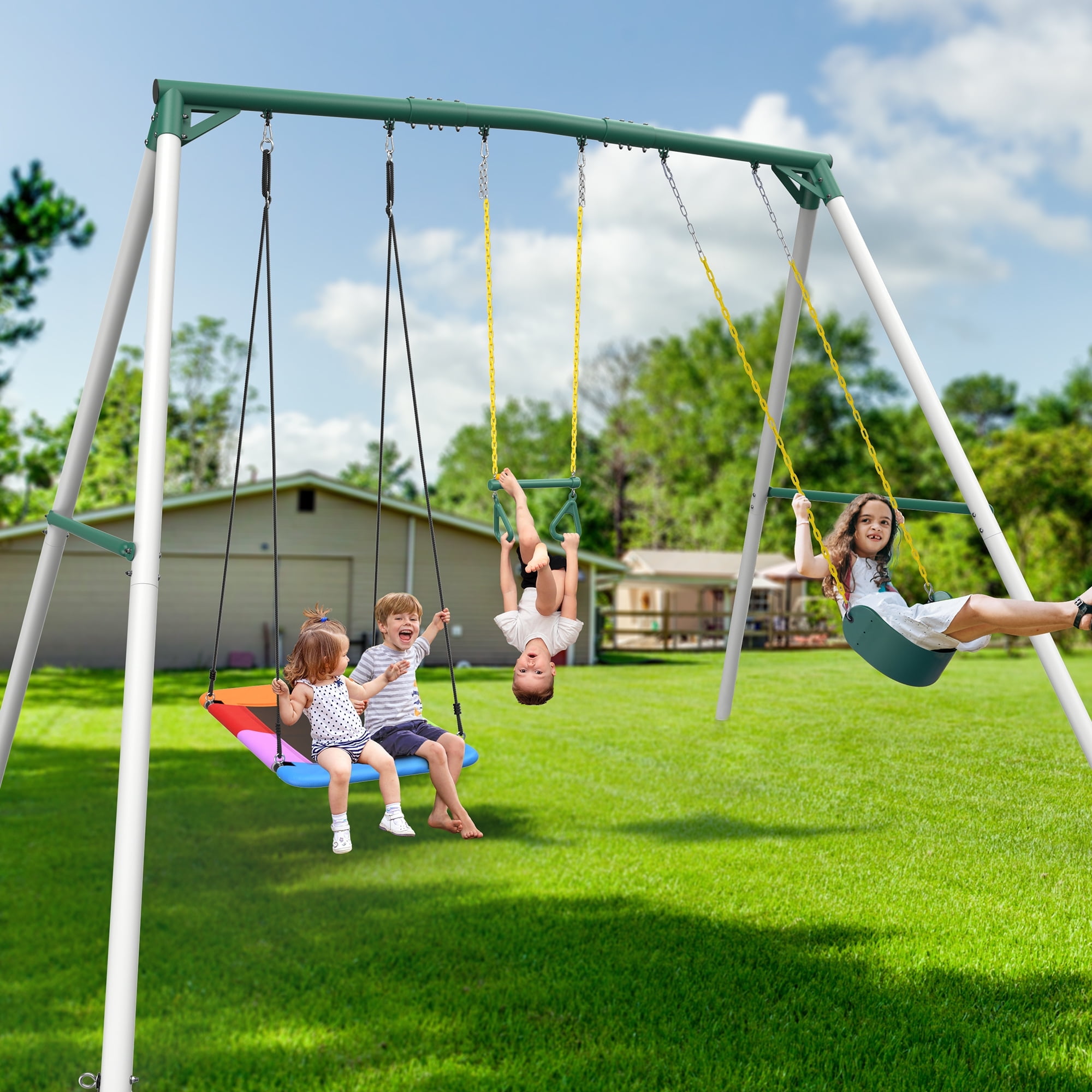 KloKick Heavy Duty Metal Swing Set for Kids & Adults, 600lb Capacity, Includes Trapeze Bar, Belt Swing & Platform Swing for Outdoor Fun