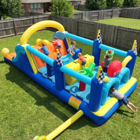 KloKick Kids Inflatable Playhouse – Backyard Obstacle Course with Water Slide & Safety Features