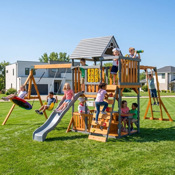 Klokick Wooden Kids Swing Set, Outdoor Adventure Play Tower with Pretend Kitchen, Dining Area, Slide, Swings & Monkey Bars, Holds 14 Children Ages 310, 1540 lbs Total Weight Capacity