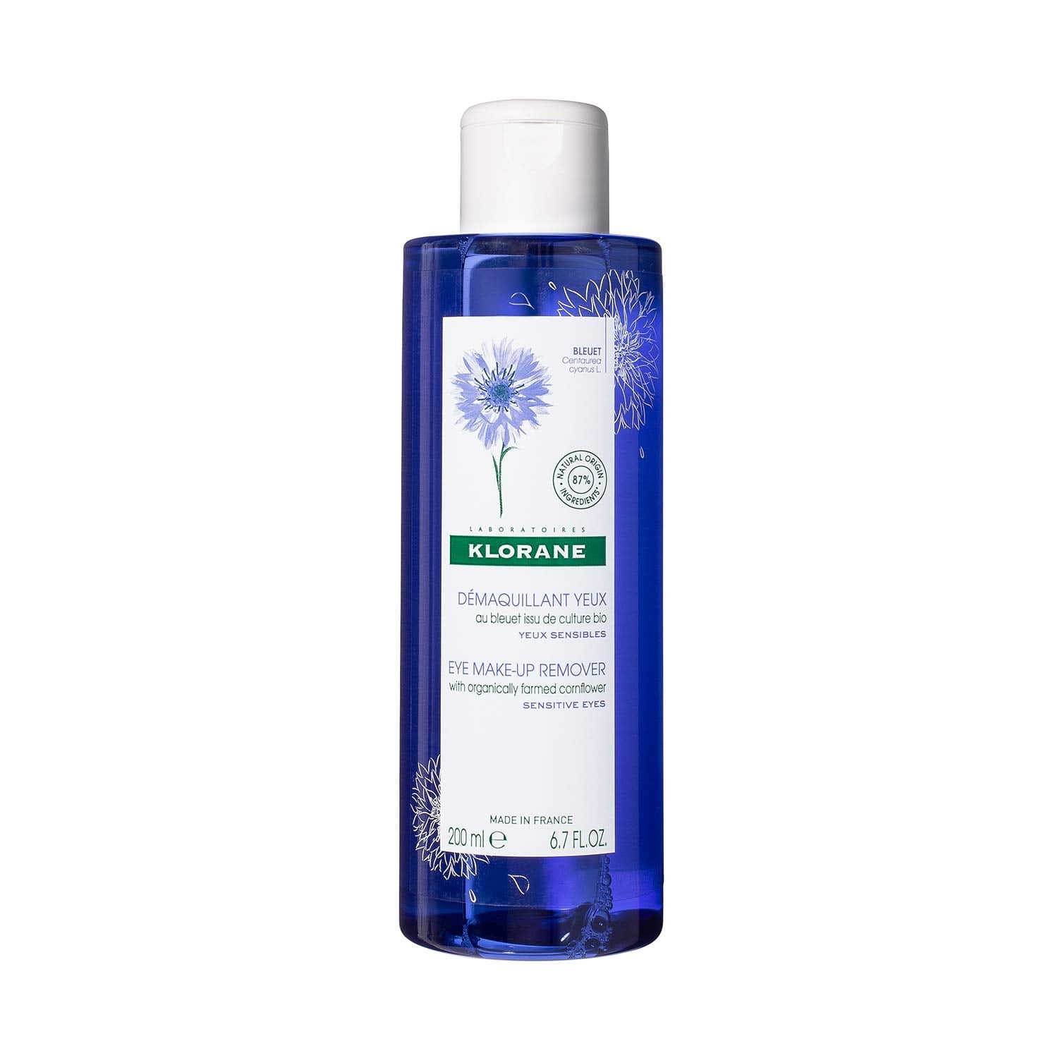 Klorane Eye make-up remover with organically farmed cornflower, for sensitive skin, oil, fragrance and sulfate free, 6.7 oz.