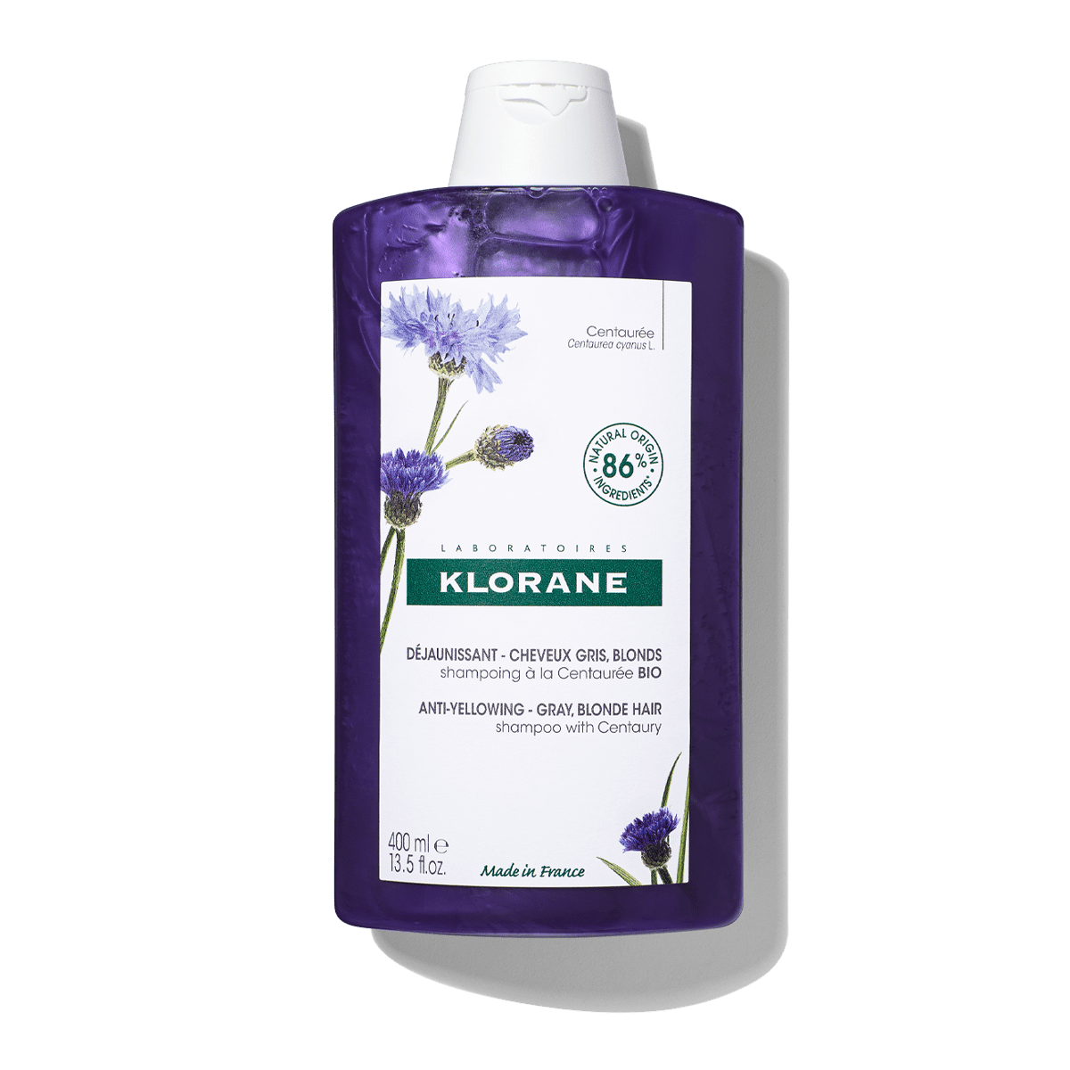 Klorane Plant-Based Purple Shampoo with Centaury, Brightens Blonde, Platinum, Silver, Gray or White Hair, Neutralizes Unwanted Yellow and Copper Tones, Paraben, Silicone and Sulfate Free, 13.5 Fl Oz