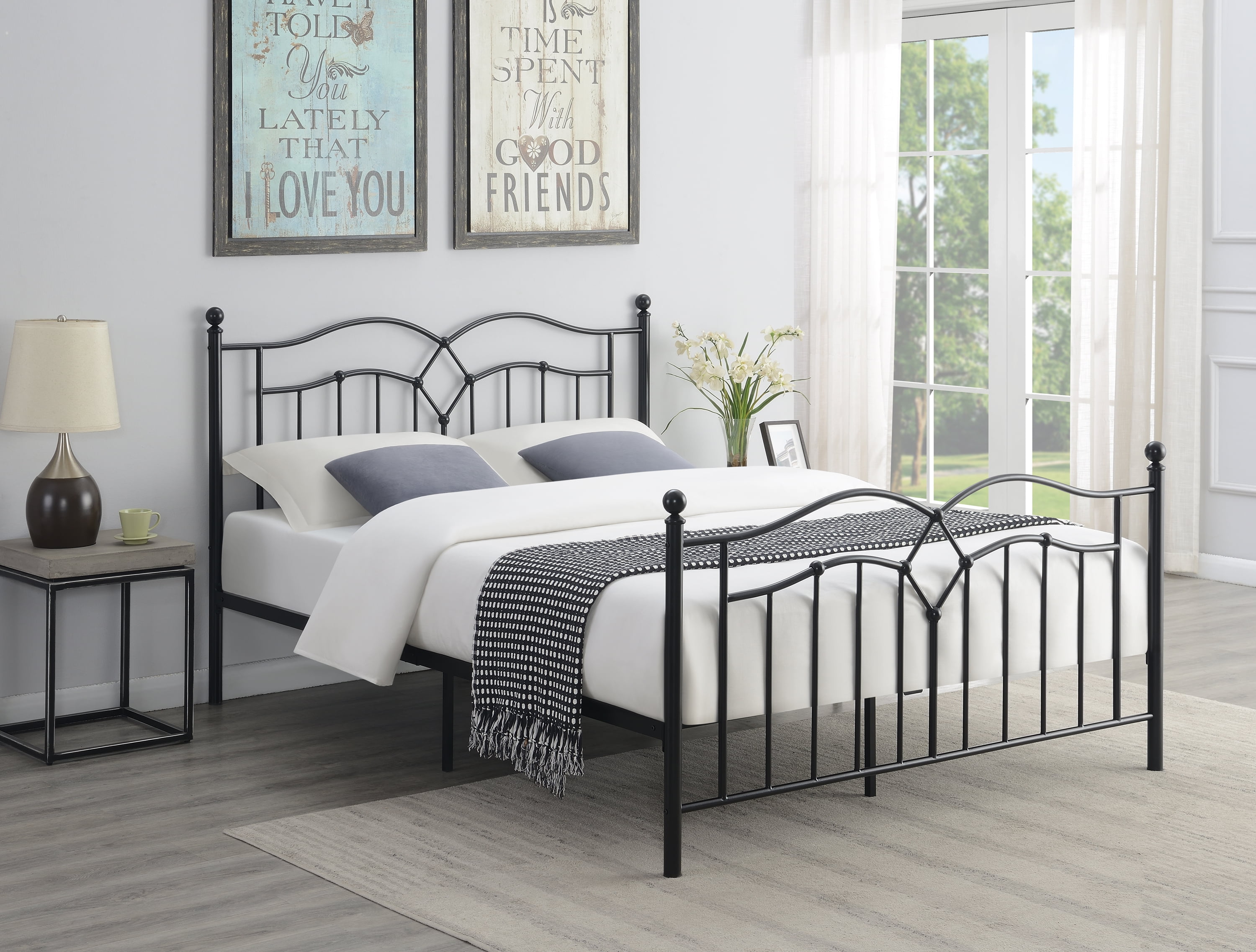 Black Metal Queen Platform Bed with Upholstered Headboard