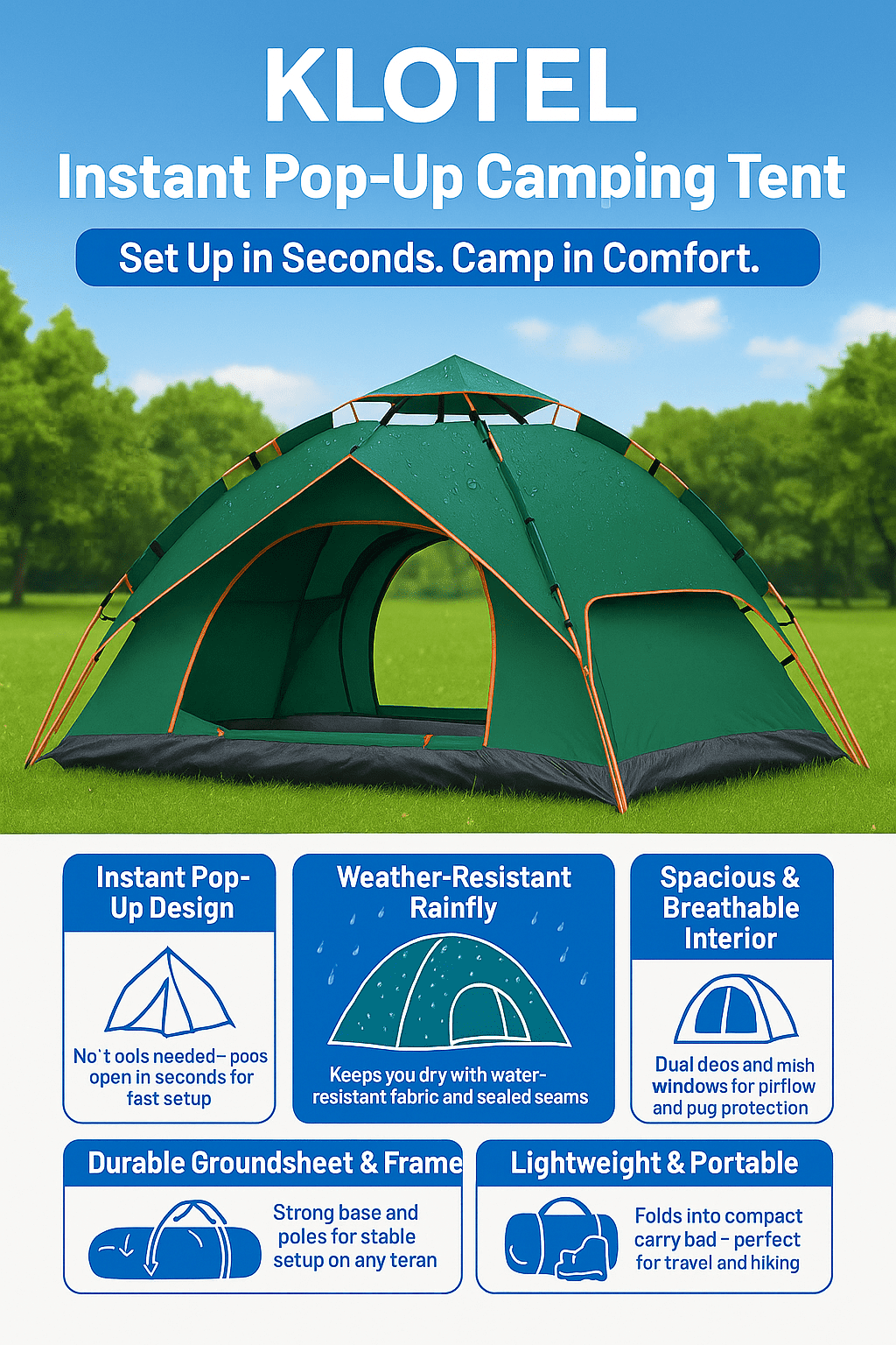 Klotel 3/4-Person Pop-Up Waterproof Camping Tent